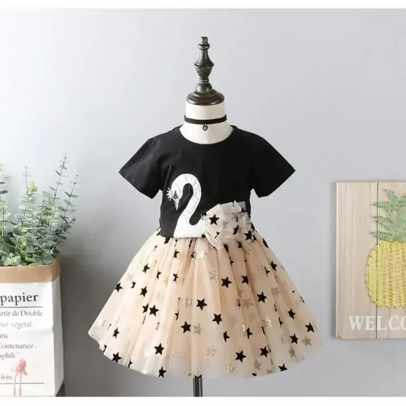 Summer kids Girls Clothing Sets Cotton Cartoon Swan T-Shirt+Sequin Skirts 2Pcs Suit Children Fashion Princess Kids Dress Outfits