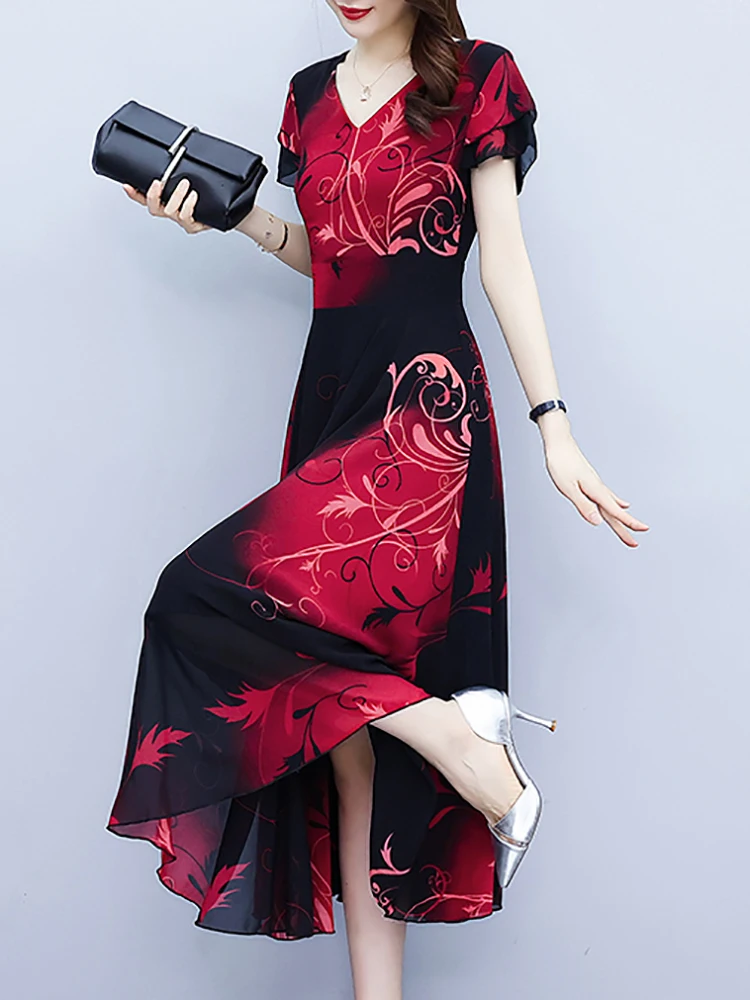 Summer Red Floral Chiffon Short Sleeve V-Neck Midi Robe Summer Vintage Elegant Prom Night Dress 2024 Bodycon Party Long Vestidos