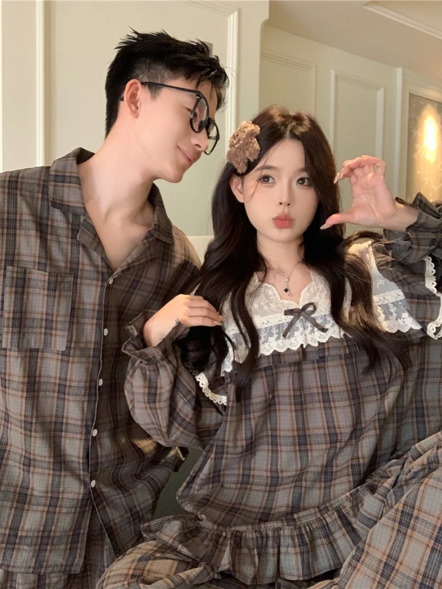 

Cotton Lace Plaid Couples Spwear Long Sve Long Pants Home Clothes Set Sweet Sle Men Women Home Comfortable Pajamas