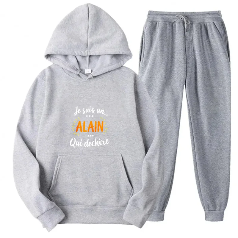 

Серый комплект с капюшоном с принтом и текстом Alain Who Rocks