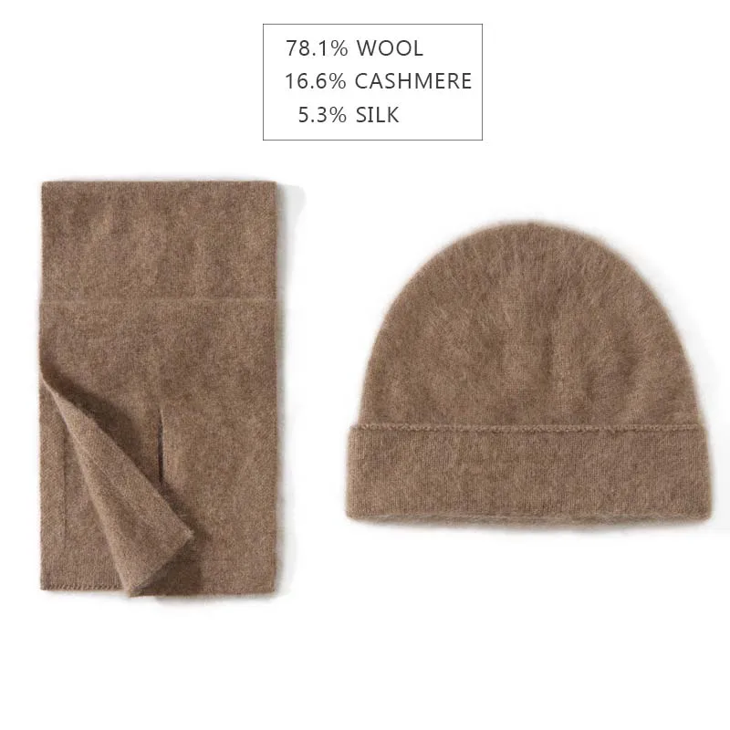 Luxury Fluffy Silk Wool Beanie Hat and Scarves Set Two Piece Winter Accessories