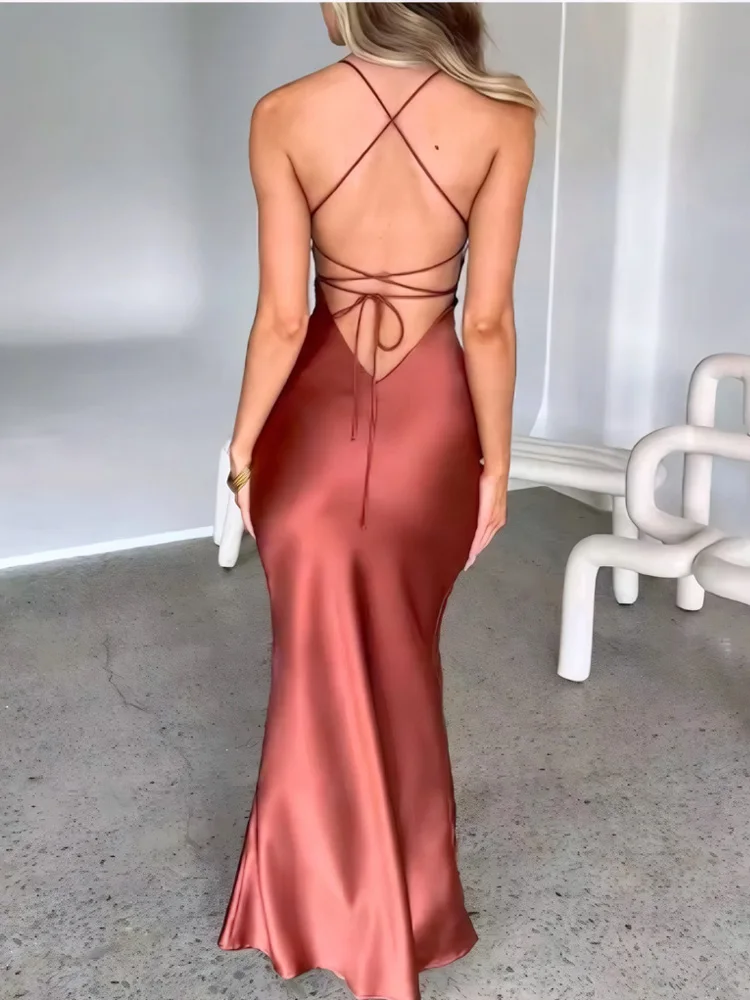 Mode Sexy Backless Lace-up Maxi Avondjurken Y2k Satijnen Jurken 2026 Nieuwe vrouwen Slim Fit U-hals Party Strap jurk