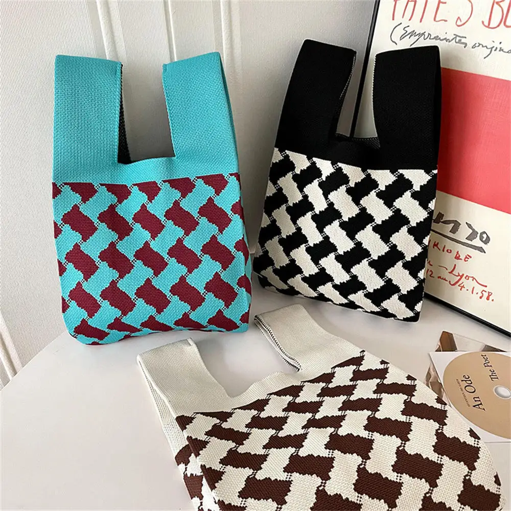 Handmade Knit Handbag Women Mini Knot Wrist-bag Female Casual Color Wide Stripe Plaid Tote Bag Student Reusable Shopping Bag