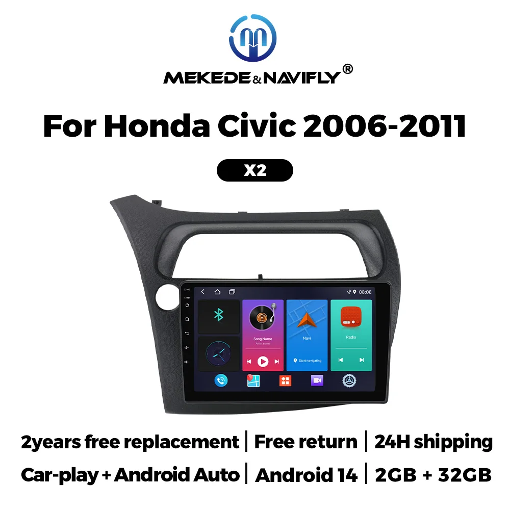 2 Din 9''Android 14 Car Radio for Honda Civic Hatchback 2006 2007 2008 2009 2010 2011 Multimedia Video Player Navigation CarPlay