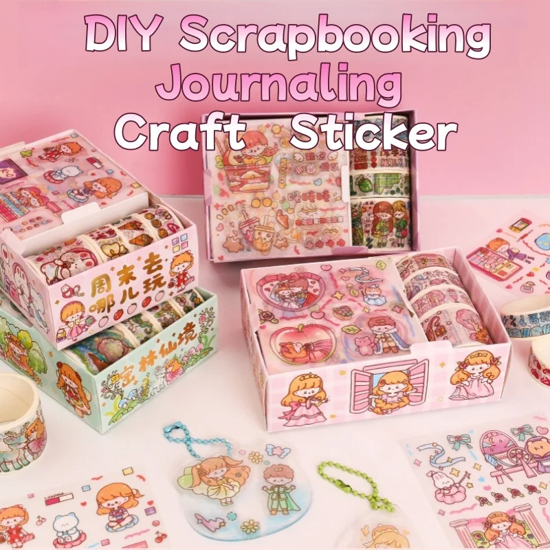 Student Journaling Craft Kit, Cute Cartoon PET & Washi Tape Sticker Set Decorative Supplies for DIY Scrapbooking, Bulk Pack