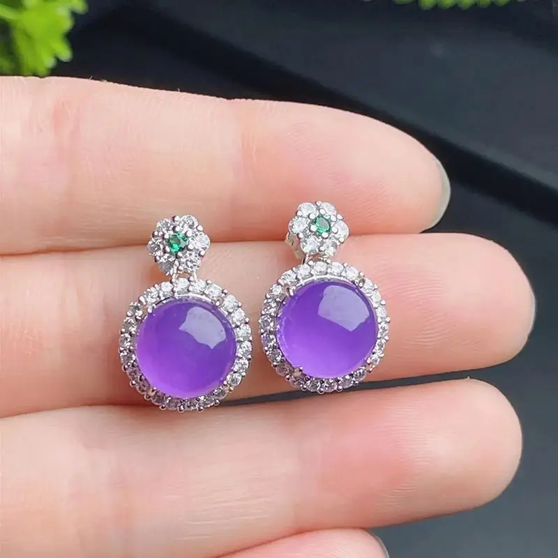 [Yan Zi] Natural old pit chalcedony ice violet inlaid zircon round egg surface stud earrings female