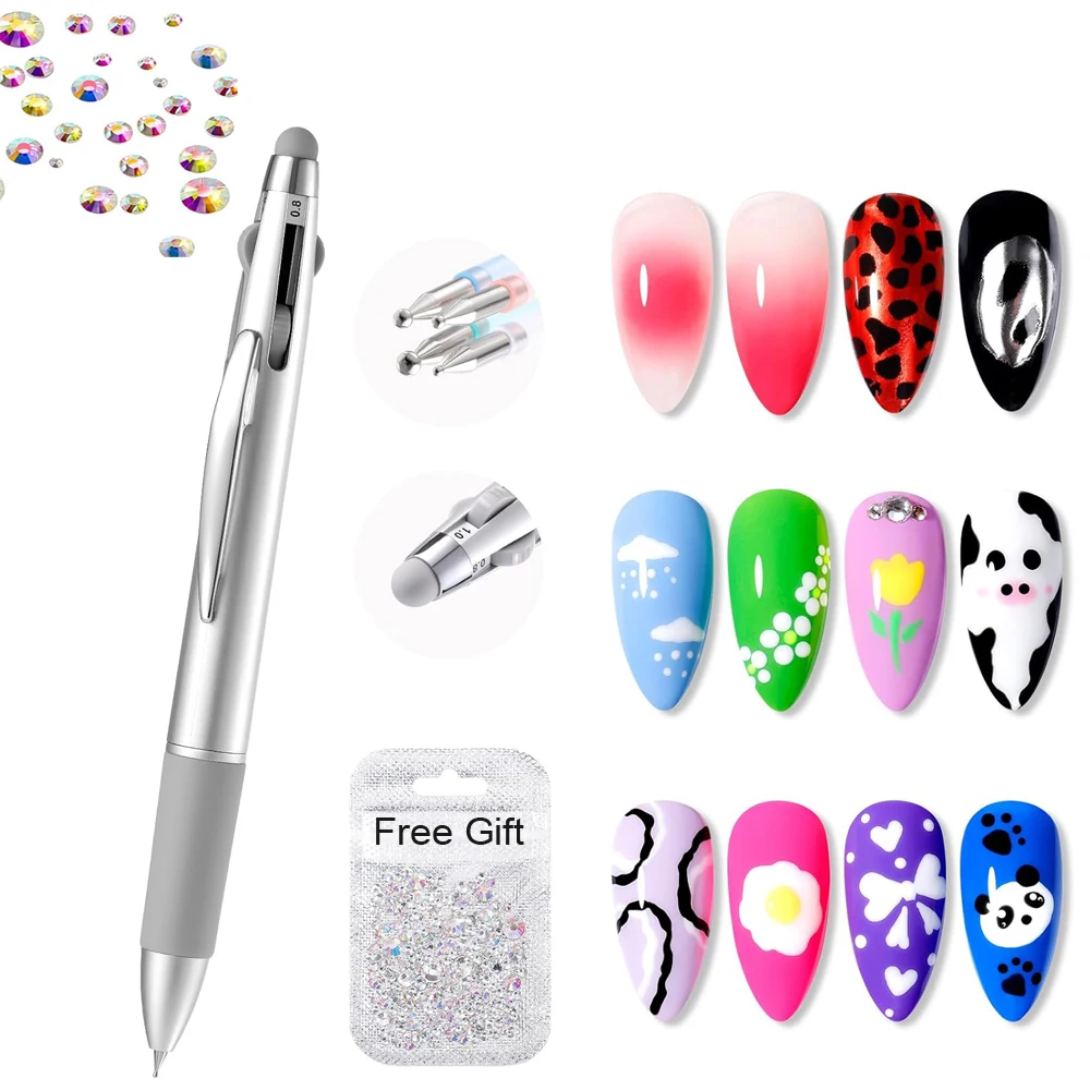 5-in-1 Nail Art Dotting Pen & Flash Powder Applicator 4 Size Interchangeable Tips Nail Dotting Painting Pen Nail Drill Pen Tools