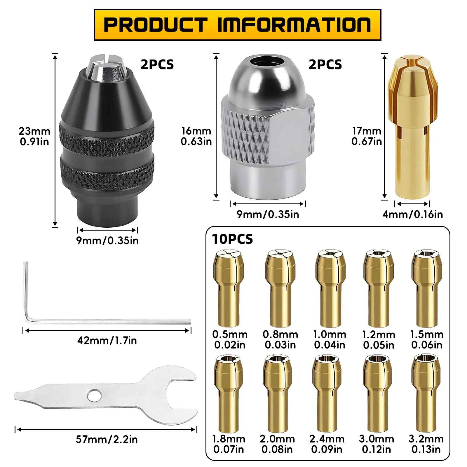 16PCS Drill Chuck Collet Set for Dremel,0.8-3.2mm Rotary Tool Collets,4486 Keyless Chuck with 4485 Brass Collet Metal Nut Kit