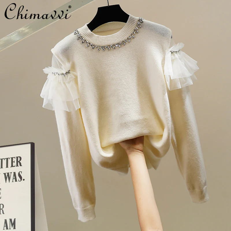 

Корейский модный вязаный свитер с украшением из бисера, осень-зима, новый милый свободный элегантный пуловер с длинными рукавами для девочек, топ