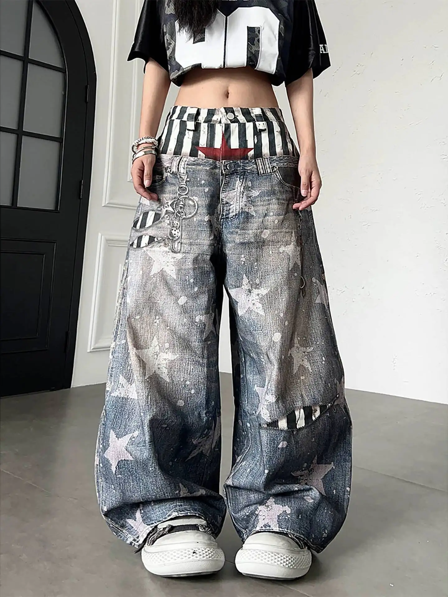 2026 Trendy 3D Star Printed Curved Jeans Unisex Double Waistband Styling Loose Straight Wide Leg Vintage Daily Denim Trousers