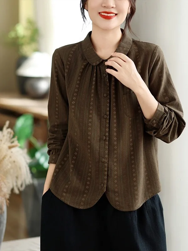 Loose Fit Floral Print Cotton Shirt Long Sleeve Double Layer Women's plus Size Slimming Top Versatile Autumn Commute Wear