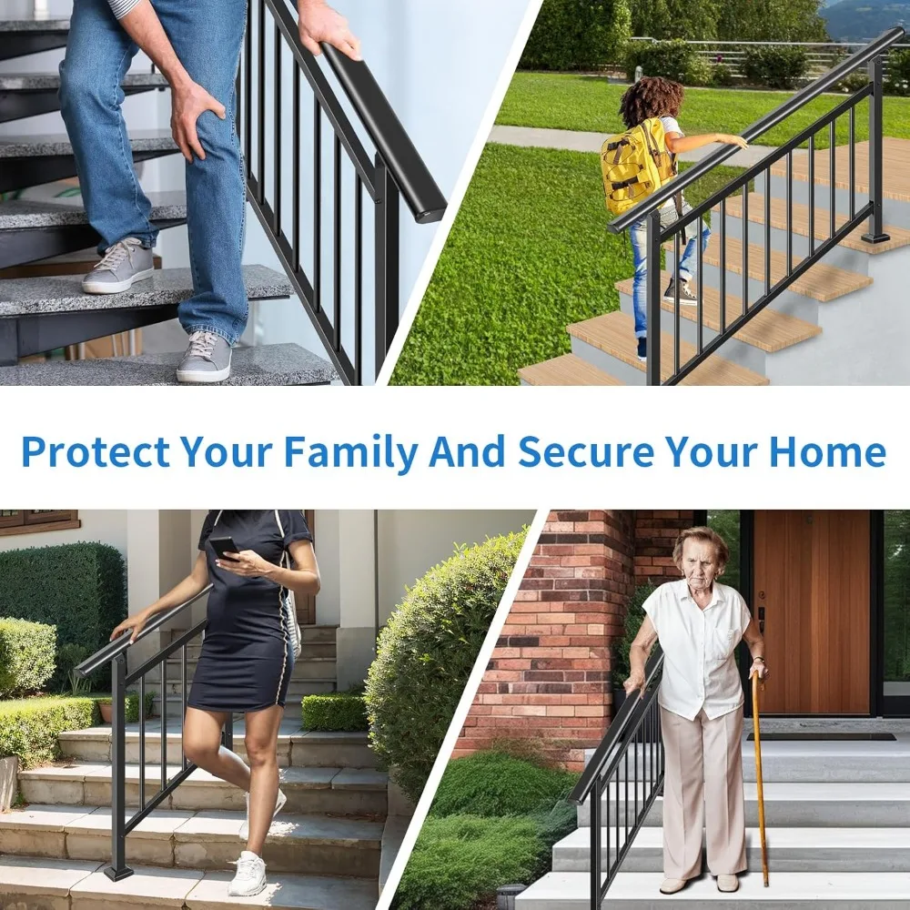 ترقية مجموعة درابزين الدرج الخارجية - درابزين قابل للتعديل بأربعة خطوات، سهل التركيب بنفسك، حديد أسود، متانة تدوم طويلاً #6