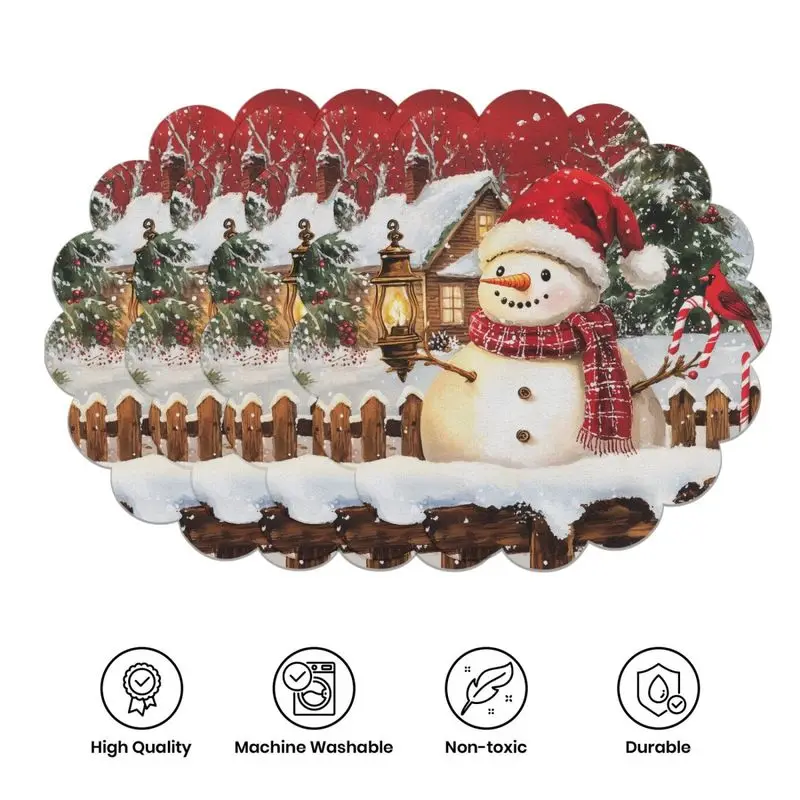 Cute Snowman Reindeer Christmas Lace Placemat, Wear-Resistant Plate Mat, Home Dining Table Decoration Placemat