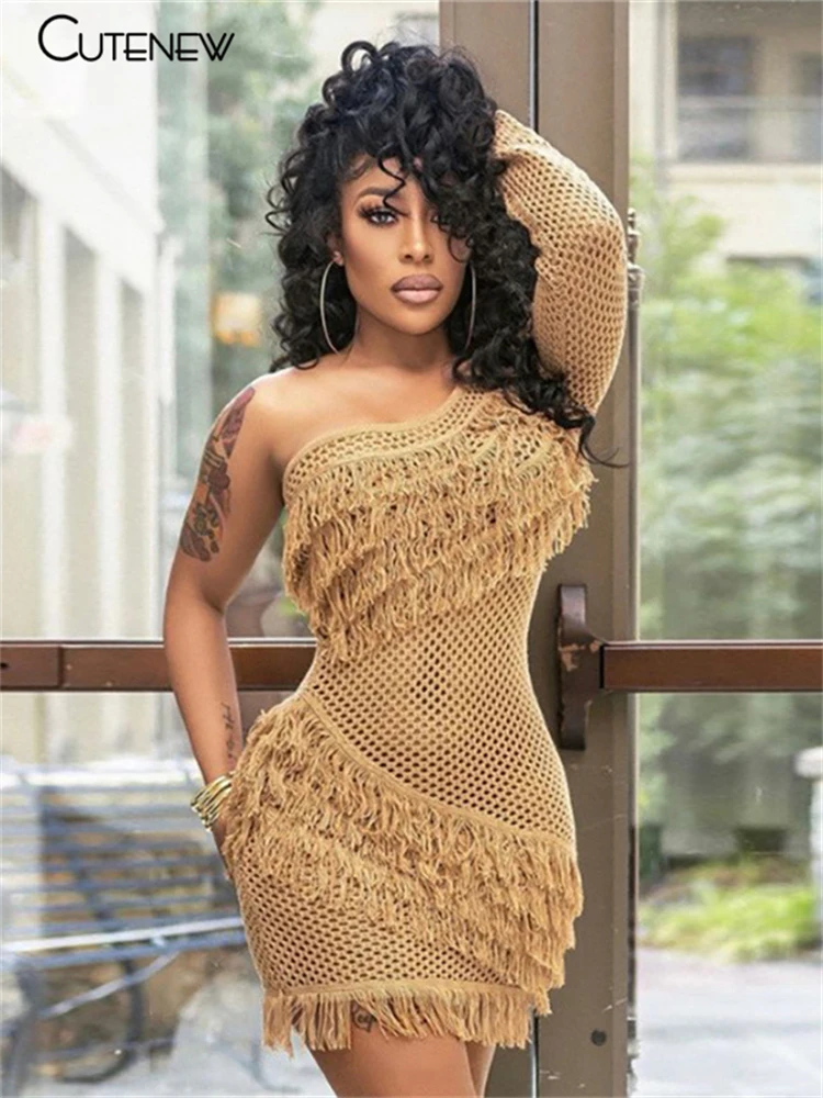 

Cutenew Knitted Sexy Hole Tassel One Shoulder Bodycon Mini Dress Women Autumn Solid Skinny Stretch Beach Vacation Lady Clubwear