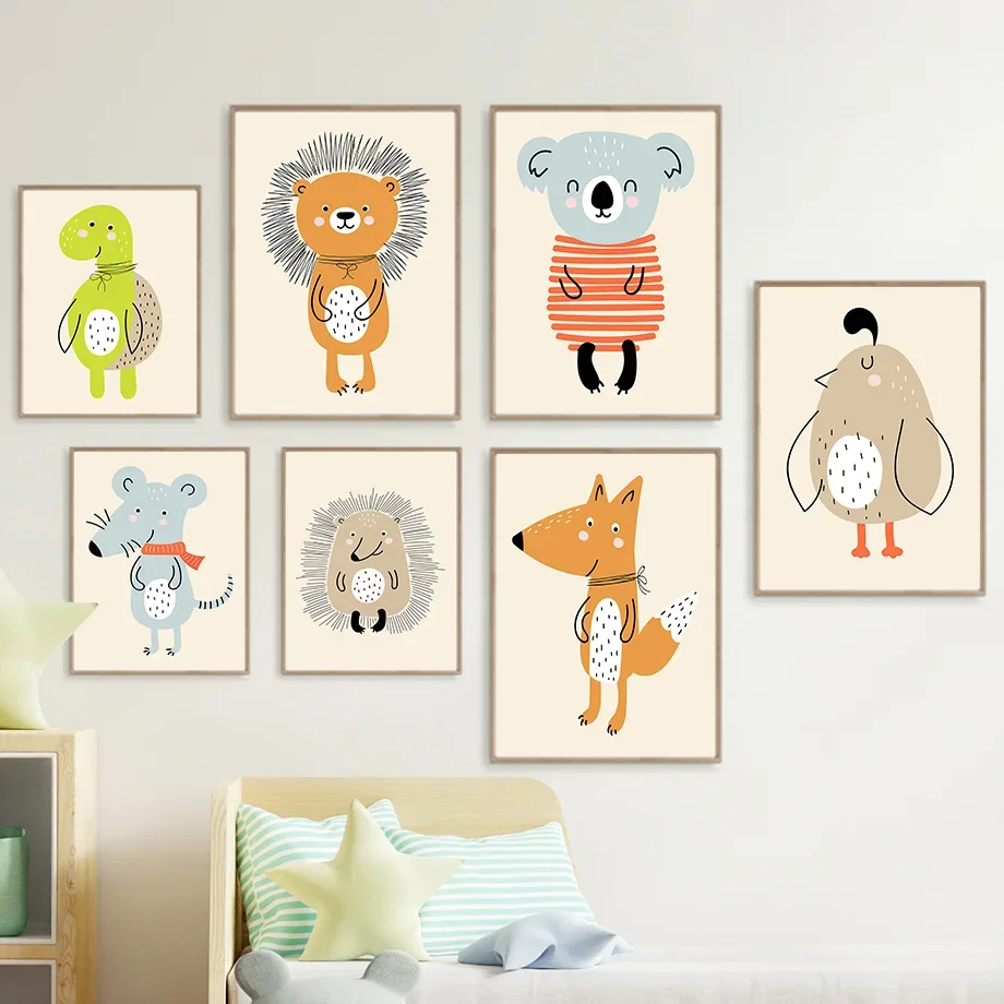 

Lion Koala Fox Mouse Hedgehog Owl Penguin Nordic Posters And Prints Wall Art Canvas Painting Wall Pictures For Kids Room Decor