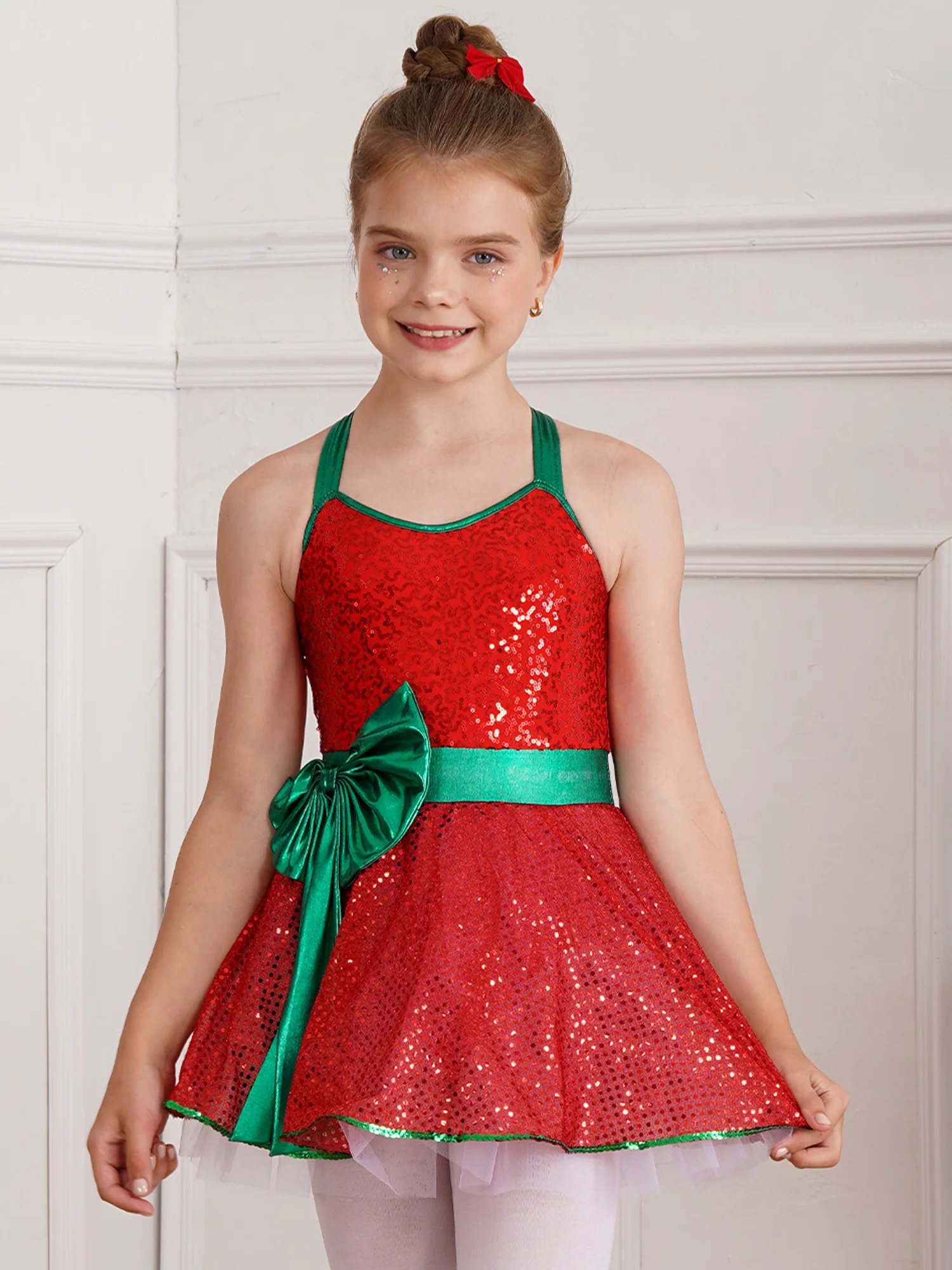 Vestido de baile de Navidad para niñas, sin mangas, lentejuelas brillantes, lazo, tutú de patinaje, leotardo, disfraz de elfo de Papá Noel y Carnaval de Navidad