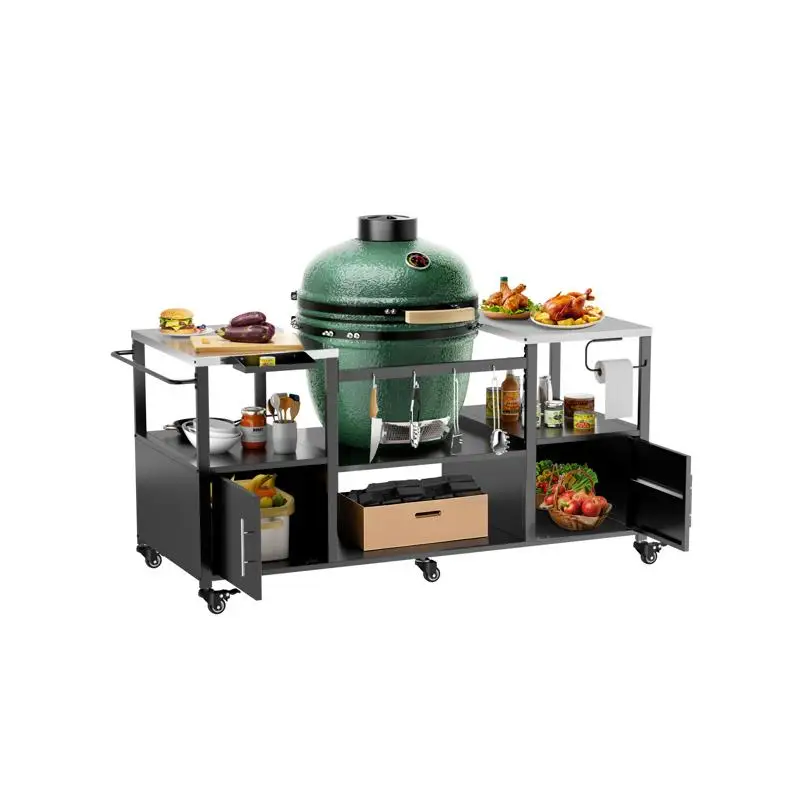 

Стол для гриля на открытом воздухе для барбекю в стиле Kamado, металлическая тележка для гриля с ящиком для хранения, подходит для больших грилей Kamado, идеально подходит для улицы