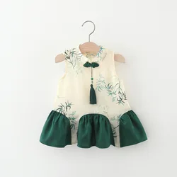 Summer Chinese Style Small Skirt Girls' Ethnic Style Sleeveless Dress Color Blocked Tassel Cheongsam Skirt