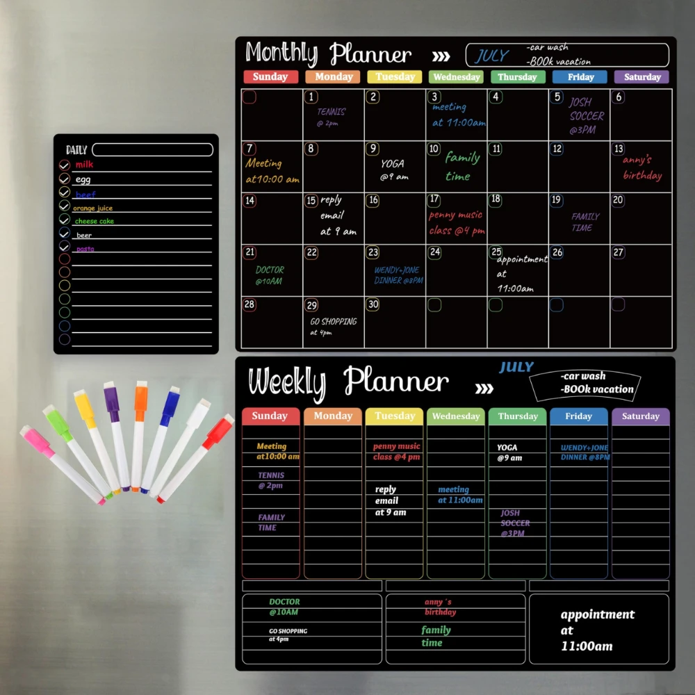 New Magnetic Month Calendar for Kitchen Fridge with 2-8 Coloured Chalk Pens Weekly Planner and Shopping List Notepad Chalkboard