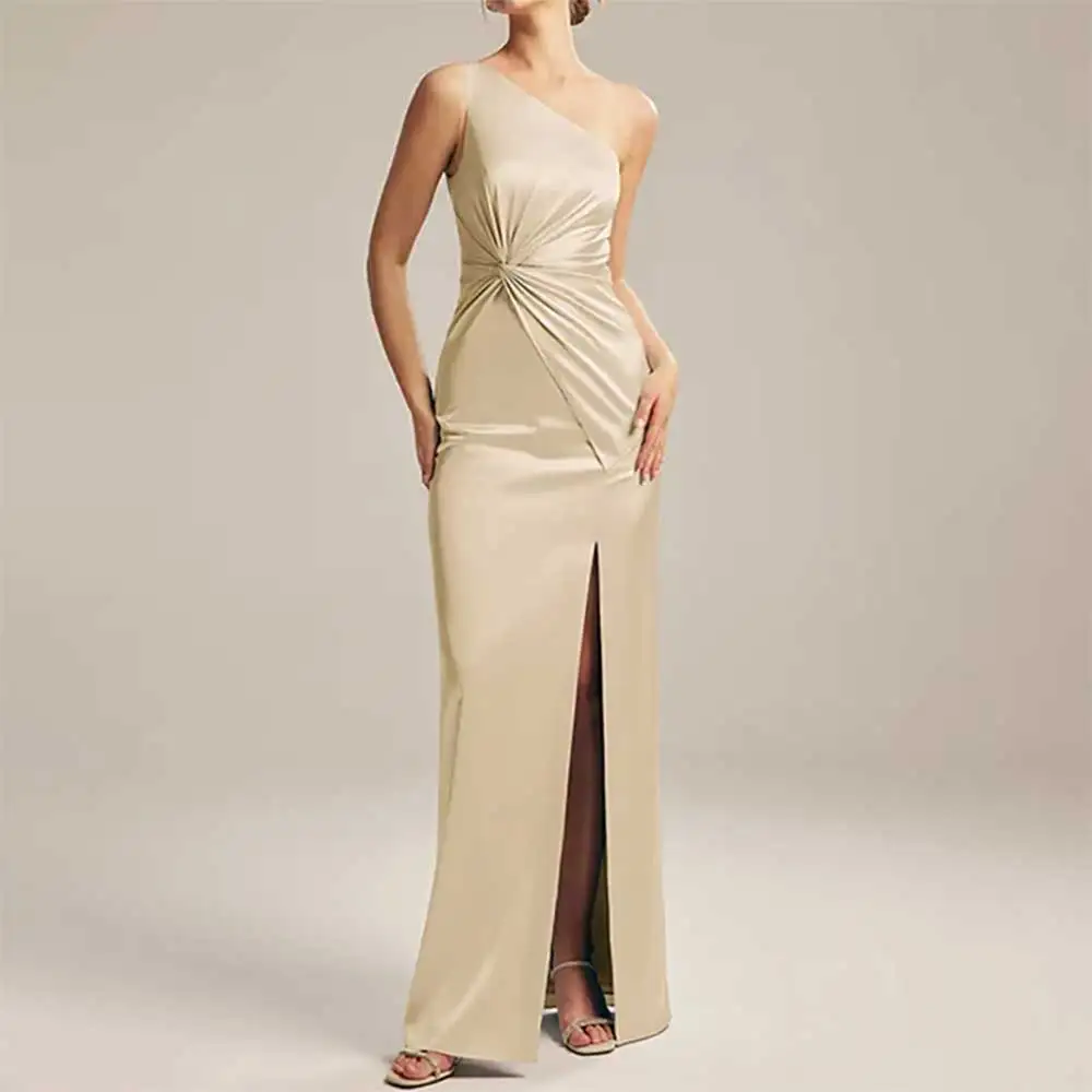 

Sexy One Shoulder Pleated Sheath Evening Dress for Women Front Slit Open Back Prom Party Dress Elegant Cocktail Formal Gown