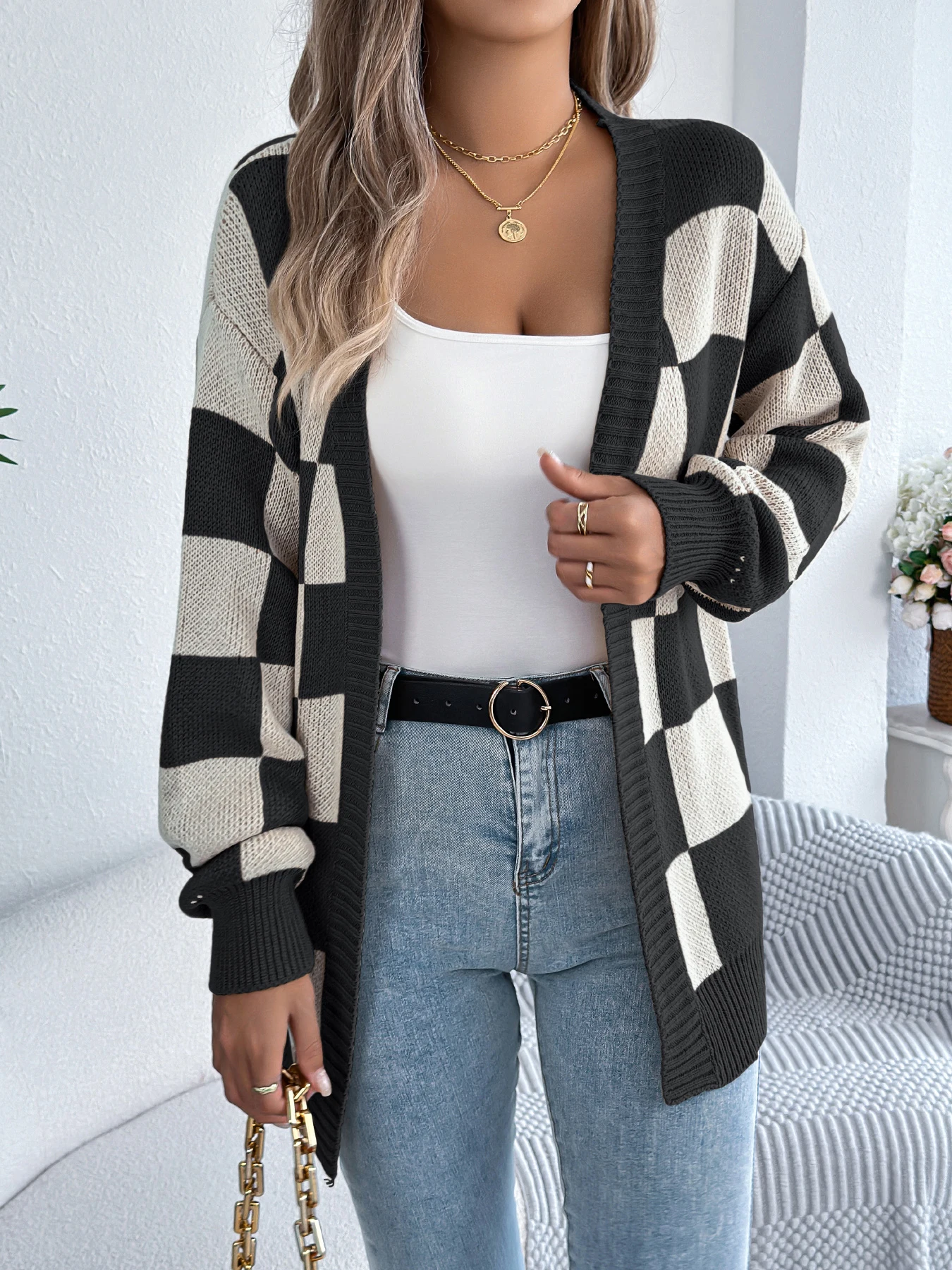 Plaid Colorblock Knit Cardigan Long Sleeve Casual Fall Winter Vacation