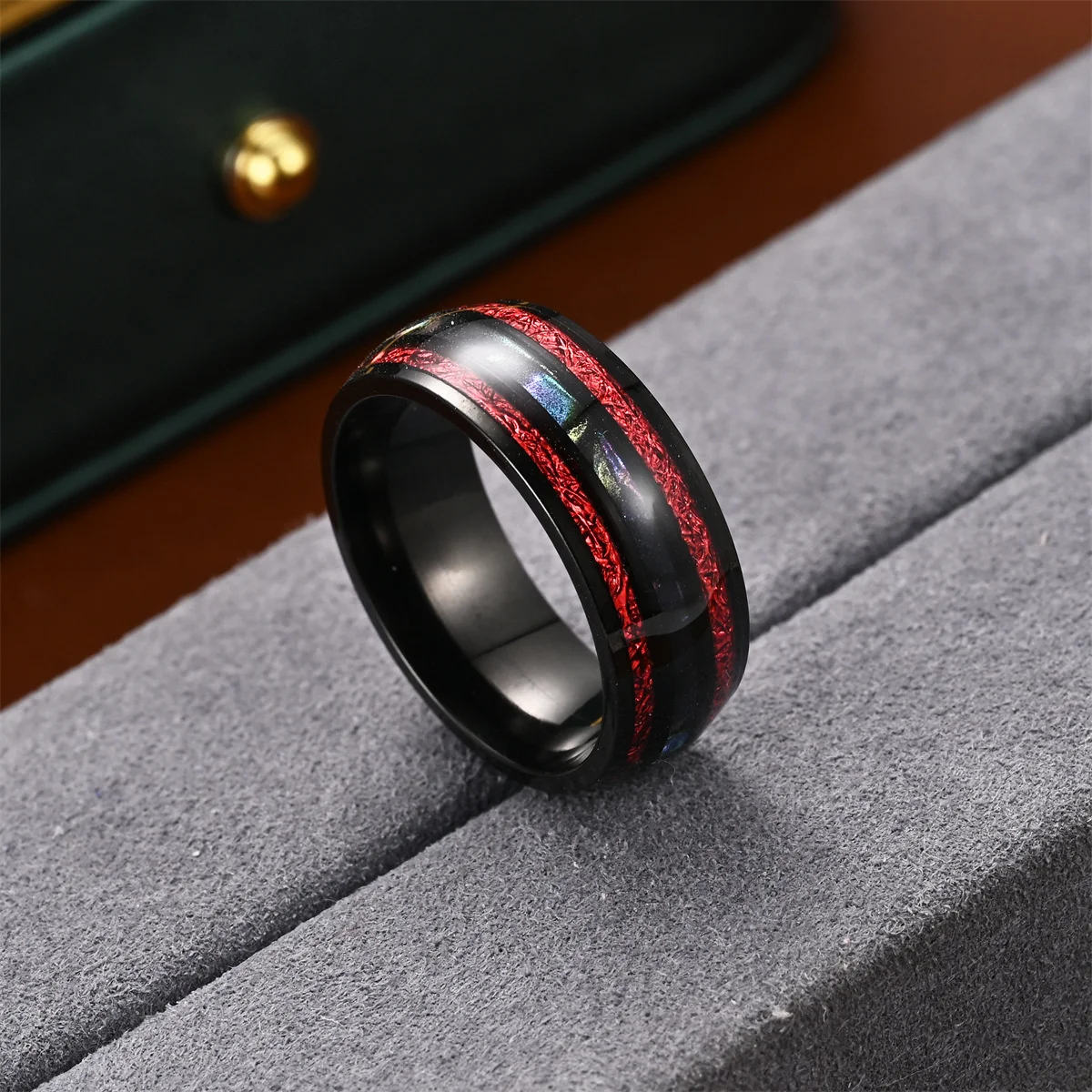 Fashion 8mm Black Stainless Steel Abalone Shell Rings for Men Inlay Red Meteorite Rings Men Wedding Party Jewelry Christmas Gift