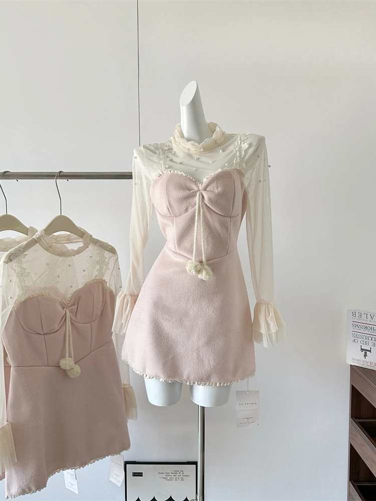 

Japanese Fashion Sweet Kawaii 2 Piece Set Women Mesh Lace Tops+Splicing Halter Mini Dress Female Casual Cute Designer Suits New