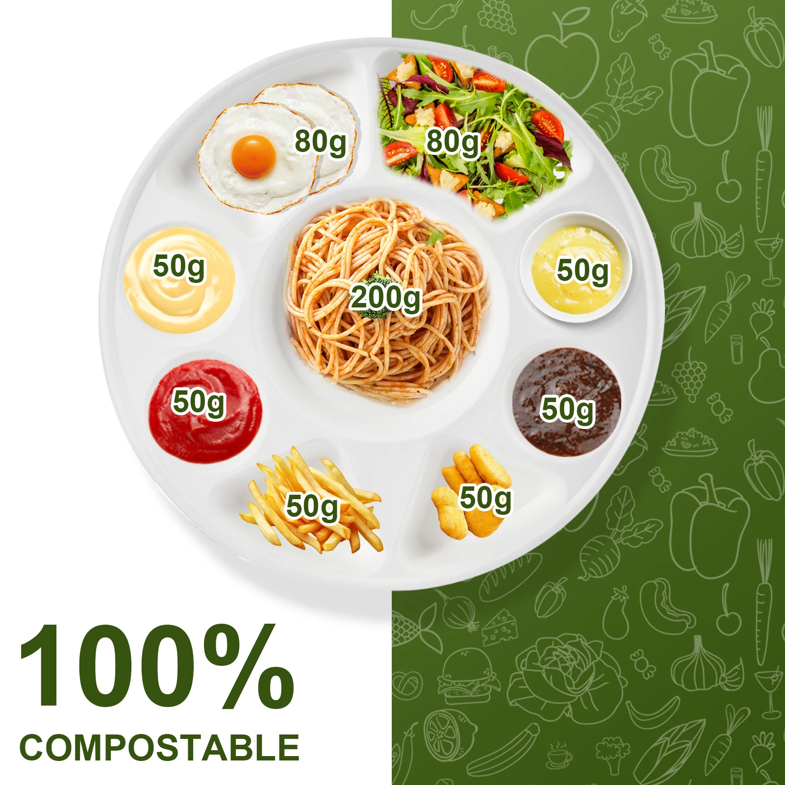 أطباق مقسمة مع 9 أطباق تقديم مستديرة مقصورة، طبق قصب السكر عالي التحمل للمناسبات والعطلات والحفلات