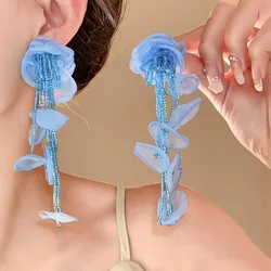 Glass Chiffon Flowers Tassel Dangle Earrings for Women Sweet Exaggerated Design Earring Vacation Style Fashion Jewelry Travel K