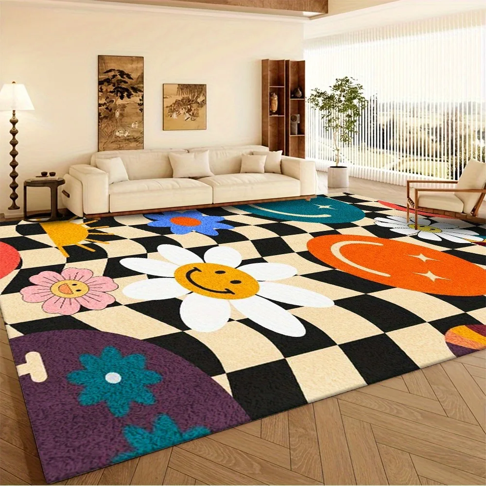 Alfombra colorida con diseño de margaritas y flores, diseño de sol feliz y Luna, decoración del hogar para sala de estar, dormitorio, alfombra de arte moderno