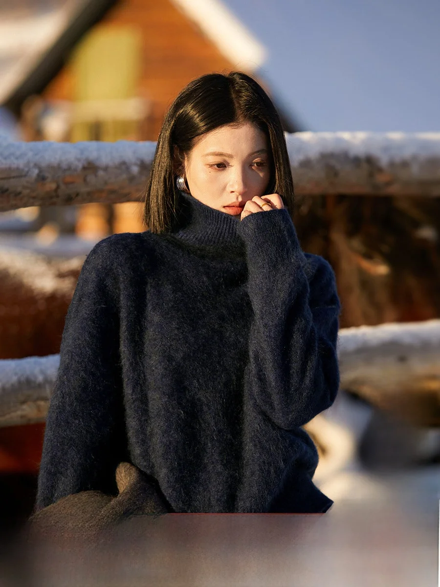 

Camere Fce Sweater round Ne High Ne Loose Fit Soft Warm Knitted Woolen Top for Women Commute Sle OL Faion