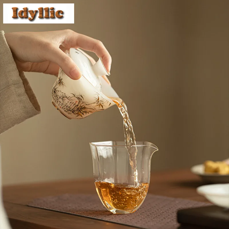 140ml Mutton Fat Jade Icy Gold-inlaid Jade Bamboo Gaiwan Luxury Tea Tureen Tea Bowl With Lid Kit Tea Making Cover Bowl Cha Craft