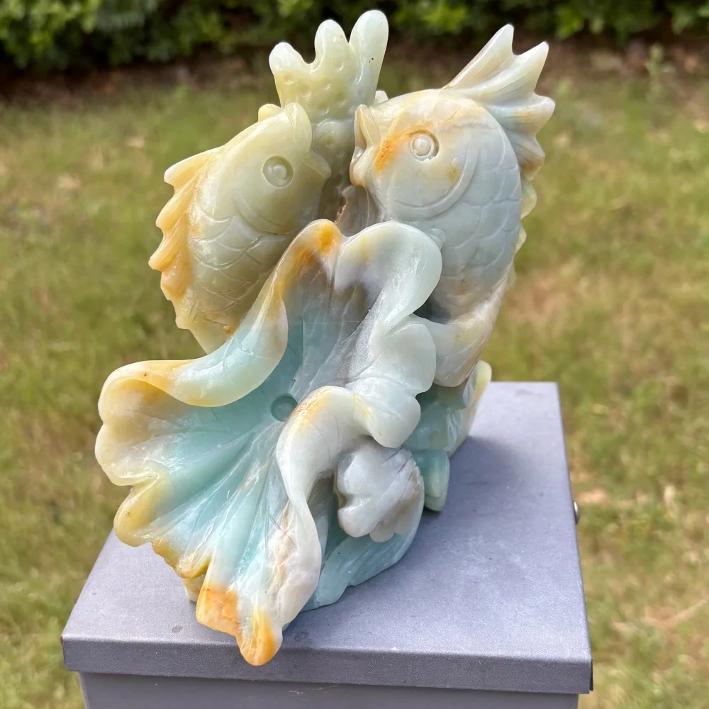 1.368kg Natural Amazonite Hand Carved Double Fish Lotus Sculpture,Crystal Fish Statue, Feng Shui Ornament, Home Decor Gift