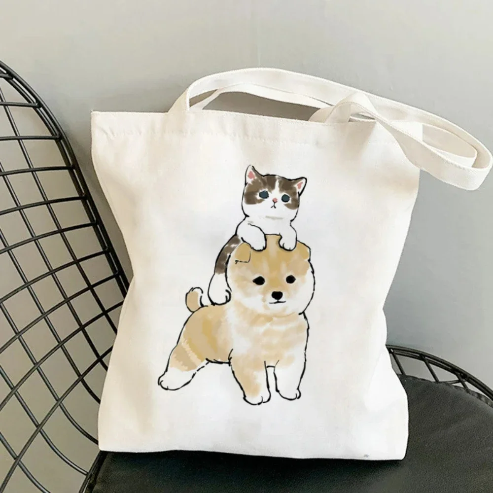 Kawaii Cat Theme Canvas Tote Bag Casual Shoulder Bag Eco Friendly Bag for Shopping Office Travel Book Yoga Bag Gift Foldable