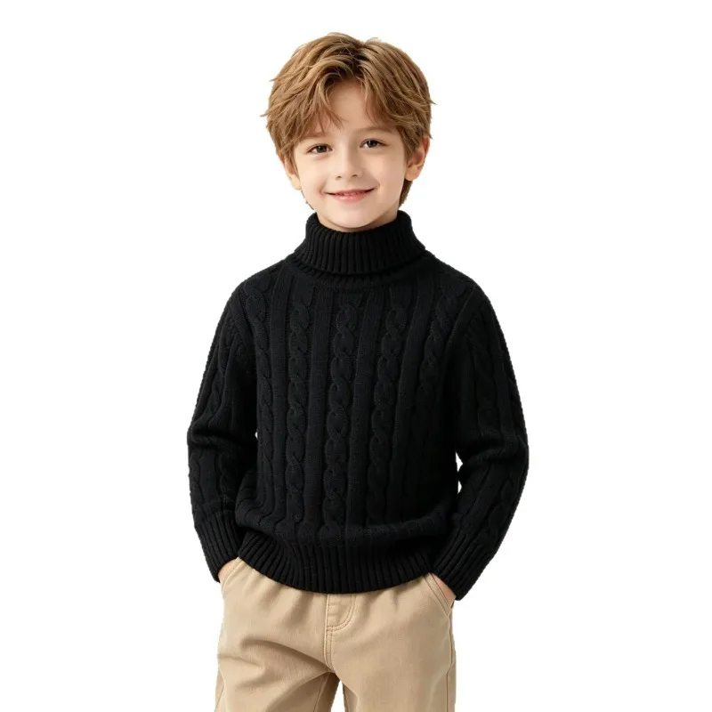 2026 Herbst Kinder Jungen Zopfmuster Rollkragenpullover Kinder Baumwolle Langarm Pullover Winter 2-12 Jahre Warme Basisschicht Strickwaren – Detail 6