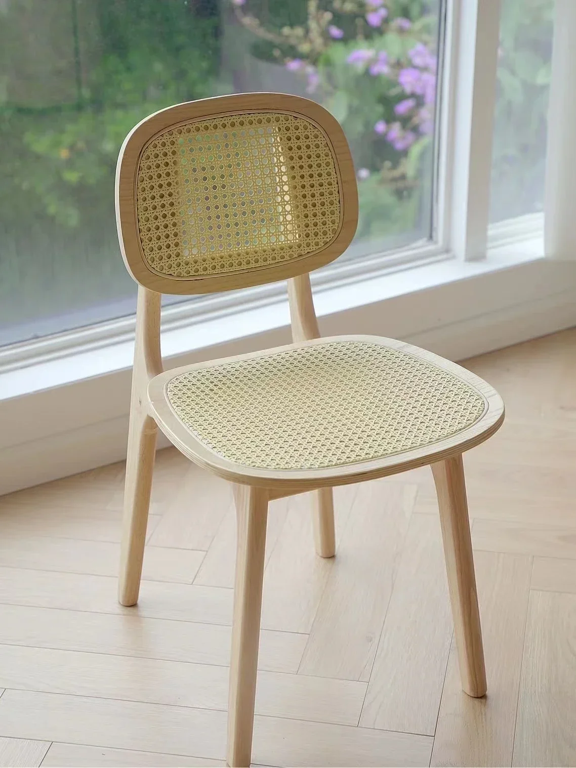 

Rattan solid wood backrest dining chair Nordic home French log color chair wabi-sabi wind second-hand homestay leisure