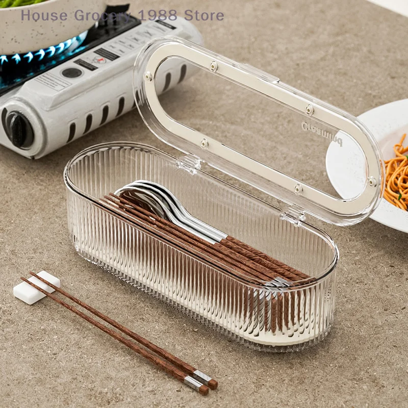 

1 Pc Light Luxury Transparent Household Dustproof Chopstick Box With Lid Kitchen And Restaurant Spoon Fork Cutlery Storage Box