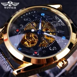 Fashion Winner Top Brand Luxry Golden Hollowed Out Business Mechanical Skeleton Men's Leather Wrist Watches