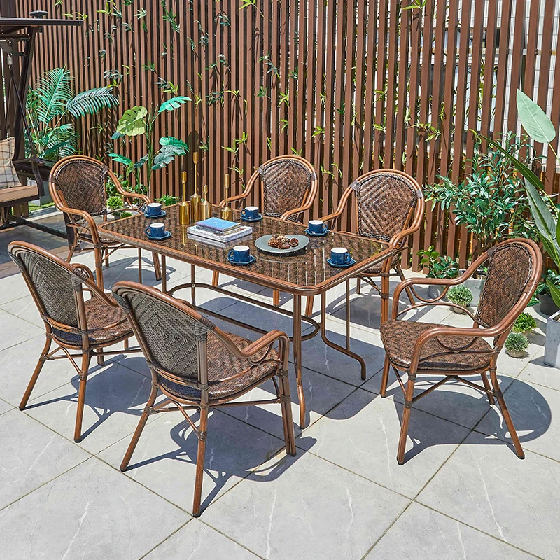2023 Best Price Outdoor Furniture Bistro Patio Party Table and Chair Wicker Rattan Dining Table Set Rattan Garden Cha