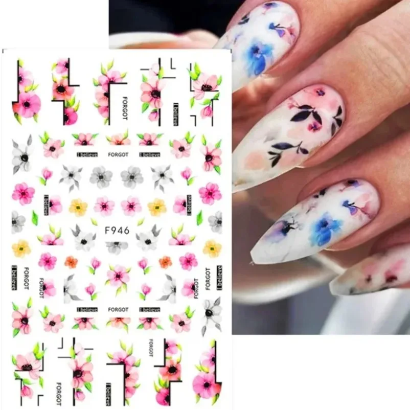 Colorful Flower 3D Nail Stickers Green Leaf Floral Daisy Spring Nail Art Water Decals Sliders Manicure Butterfly Nail Tips Decor