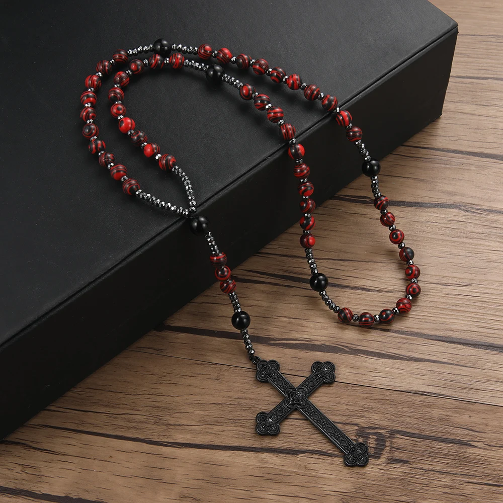 Fashion 8mm Red Round Beads Big Black Cross Pendant Necklace for Men and Women