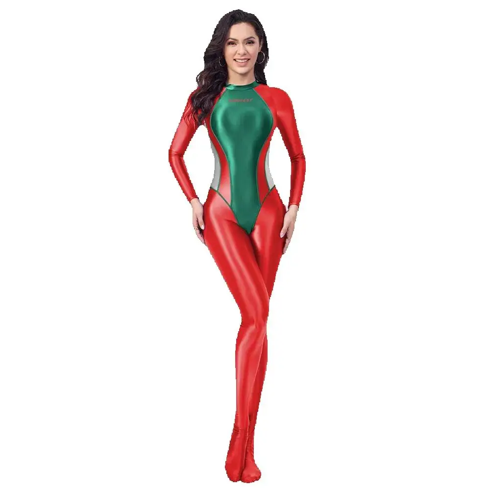 know dream Long sleeved foot hugging jumpsuit Christmas color scheme, holiday long sleeved spandex bodysuit, competitive suit