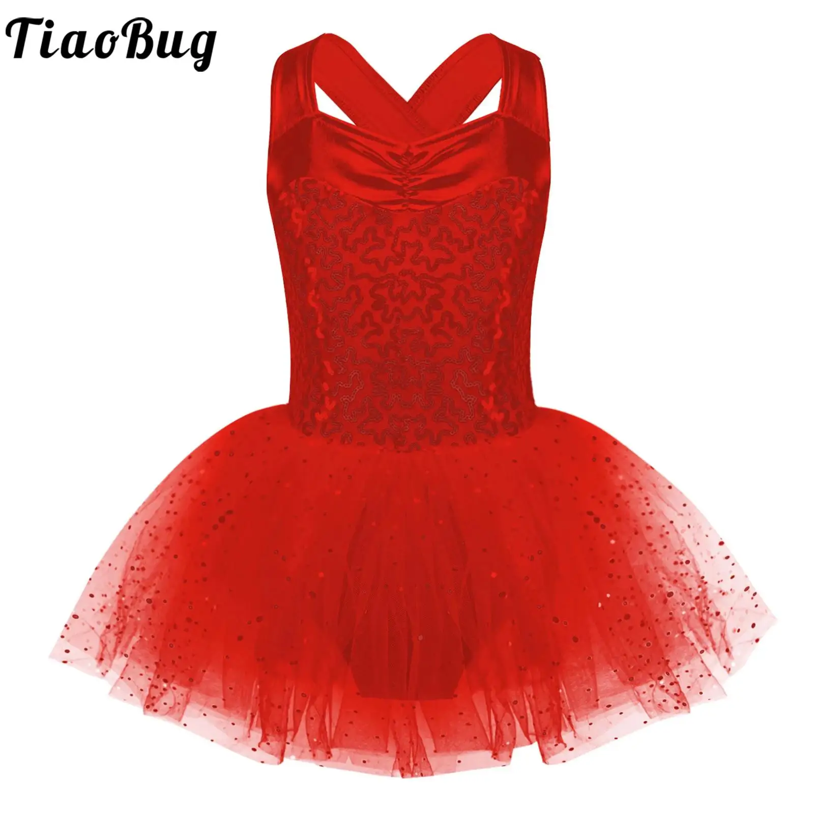 Kids Girls Sequins Ballet Tutu Leotard Dress Ballerina Fairy Prom Party Mesh Tulle Dress Crisscross Back Gymnastics Costume