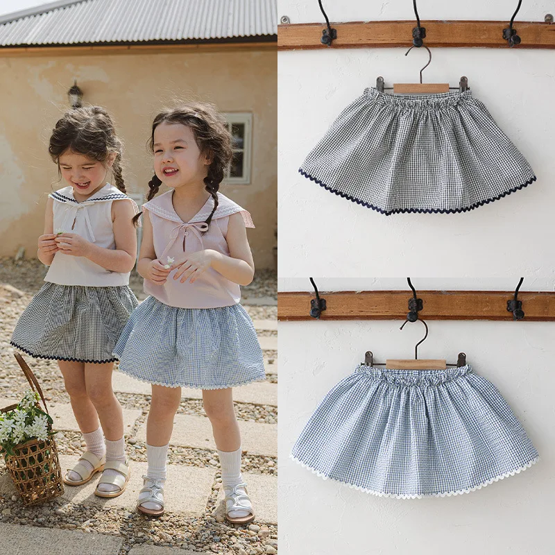 

Korean Children Girls Thin Cotton Skirt Girls Plaid Lace Anti Light Skirt Girls A-line Skirt 2025 Summer