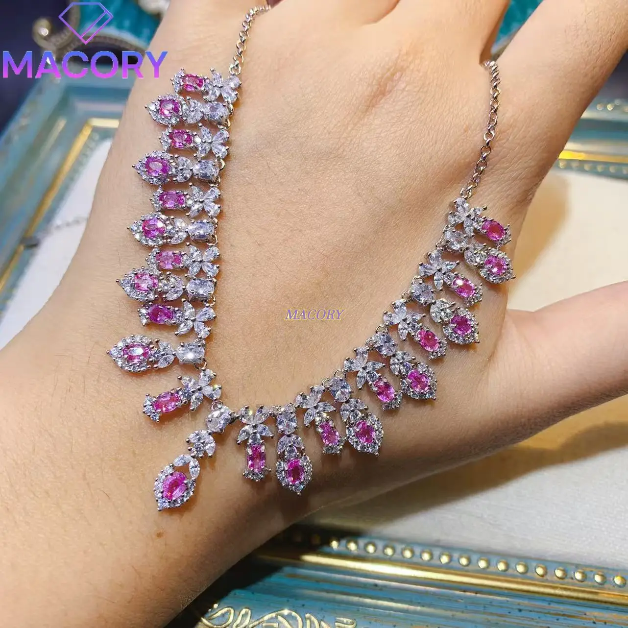 عقد من الياقوت الوردي الطبيعي النقي للنساء، فضة استرلينية عيار 925، وردي فائق مع لون زاهٍ، طراز عصري جديد #1