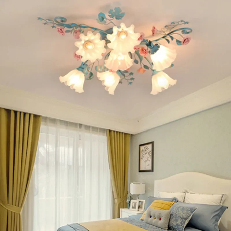 Korean Pastoral Simple Flower and Grass ceiling lamp Restaurant Cafe Bedroom Mediterranean Romantic Colored Rose ceiling lamp