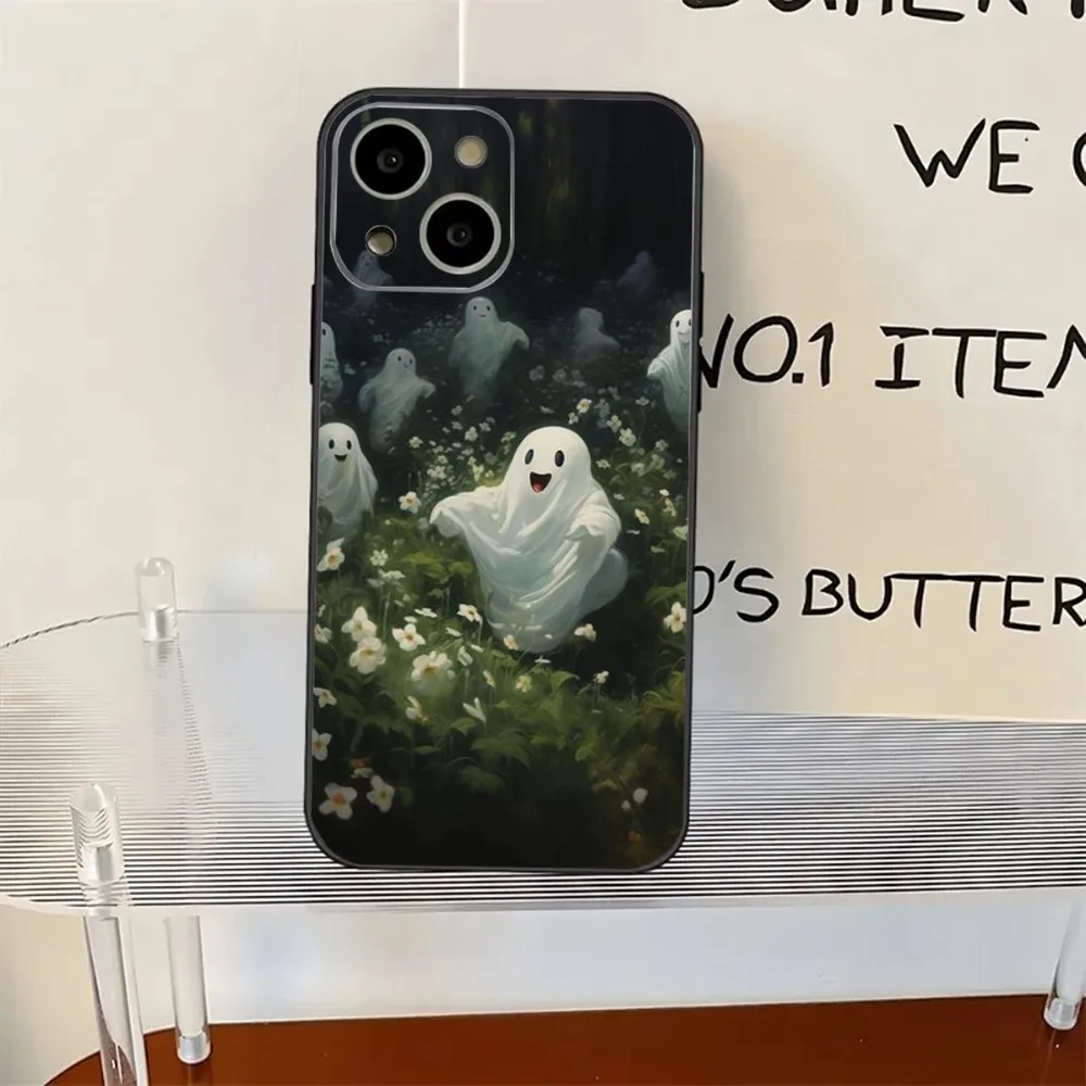 かわいいゴーストオイルペインティング付き電話ケース、iPhone 11,12、13,14、15、xs、xr、x、mini、pro、max、plus、シェル用の素敵なシェル