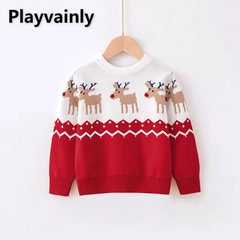 Children Christmas Cartoon Knitted Sweaters Red Green Long Sleeve O-neck Pullover Outwear Fashion Kids Unisex Clothes A3146-2