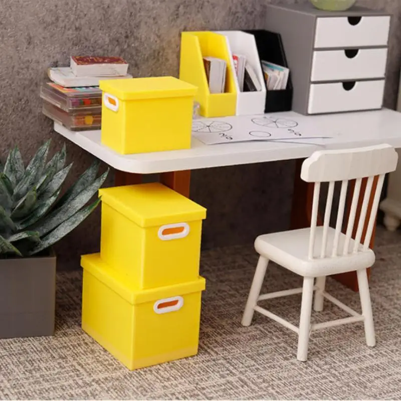 Miniature Color Storage Box with Lid 3Pcs Dollhouse Organizer Micro Scene Model Room Accessories