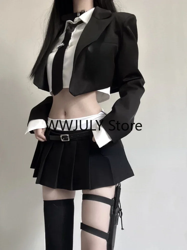 2024 Vintage 3 Piece Set Skirt Woman Black Short Blazers + Casual Shirt + Slim Mini Skirt Party Korean Fashion Suit Female Chic